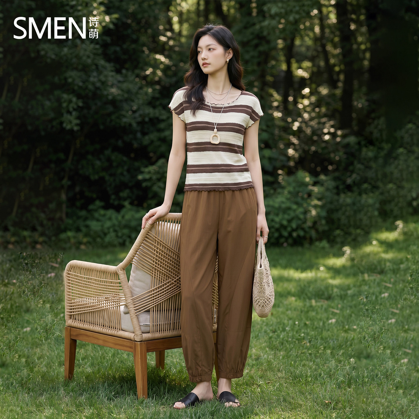 SMEN诗萌夏季条纹上衣灯笼裤套装