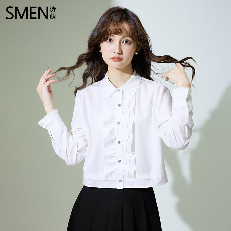 SMEN诗萌法式蕾丝长袖短款衬衫女