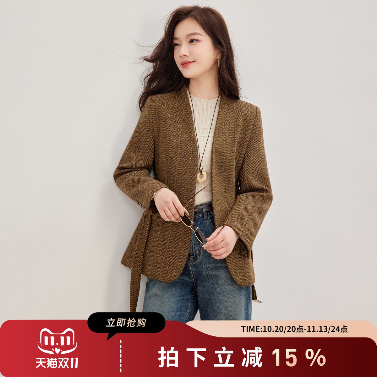 诗萌复古长袖系带收腰西装外套