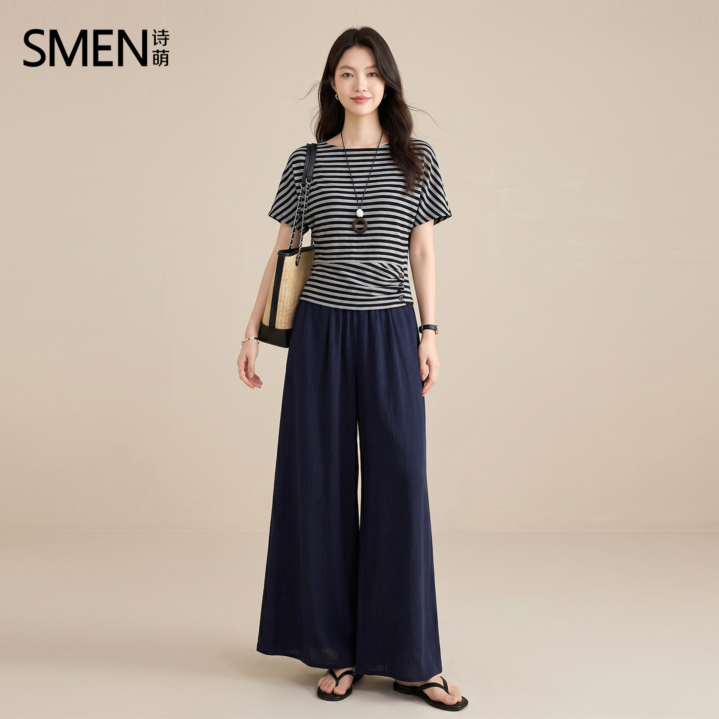SMEN诗萌夏条纹短袖阔腿裤套装