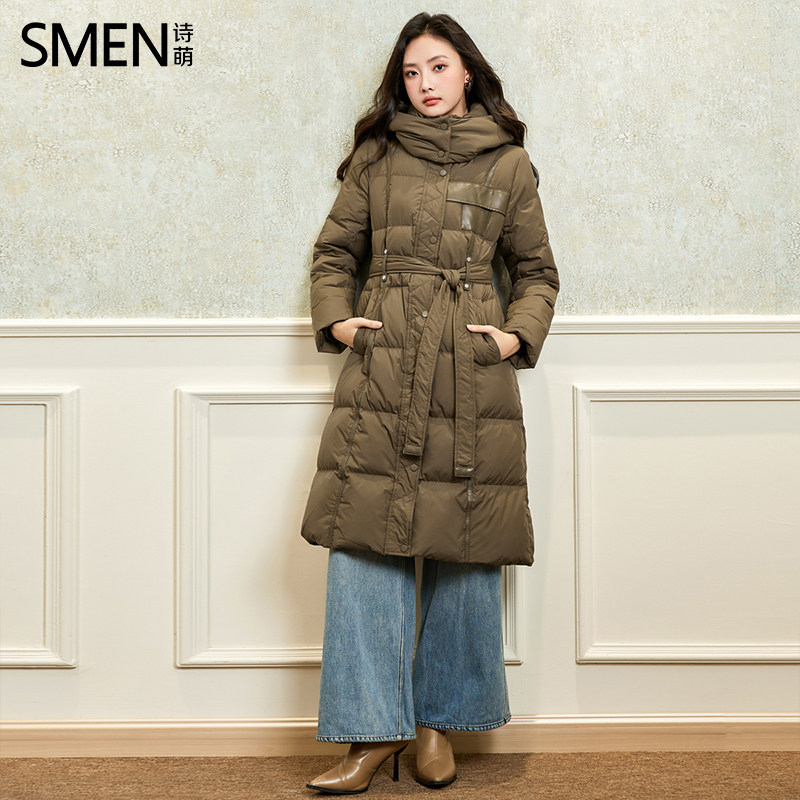 SMEN诗萌咖啡色连帽保暖羽绒服女