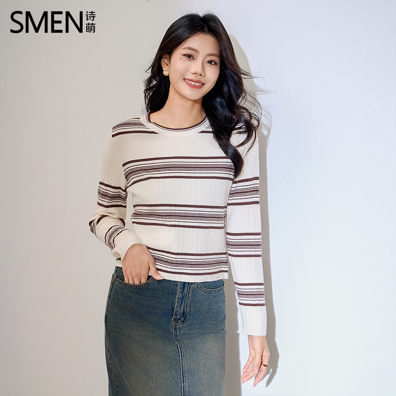 SMEN诗萌条纹短款圆领长袖针织衫