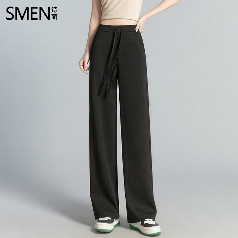 SMEN诗萌高腰垂感阔腿裤女2026春夏黑色系带宽松显瘦直筒休闲长裤