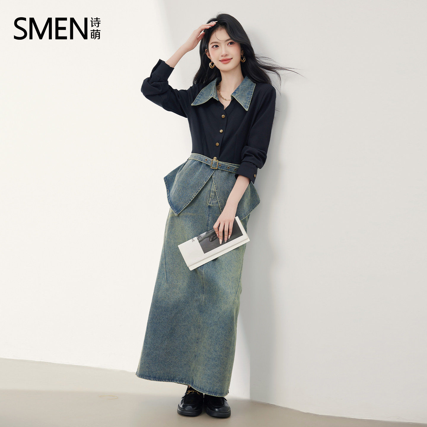 SMEN诗萌牛仔拼接牛仔裙衬衫套装