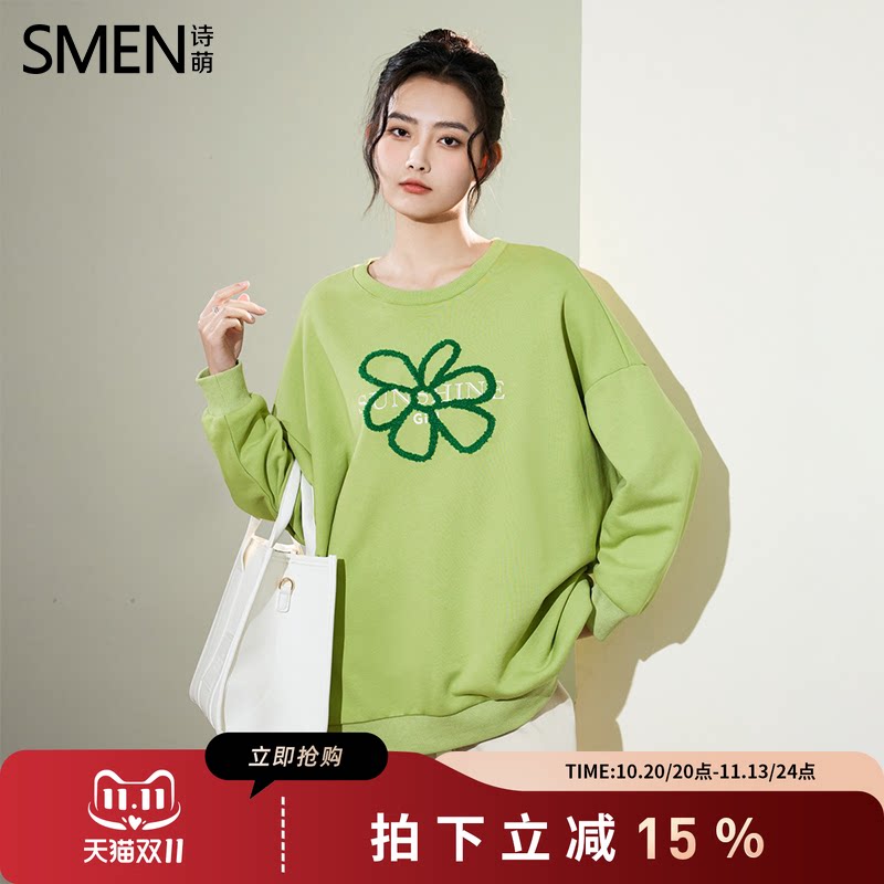 SMEN诗萌复古字母花朵宽松卫衣女
