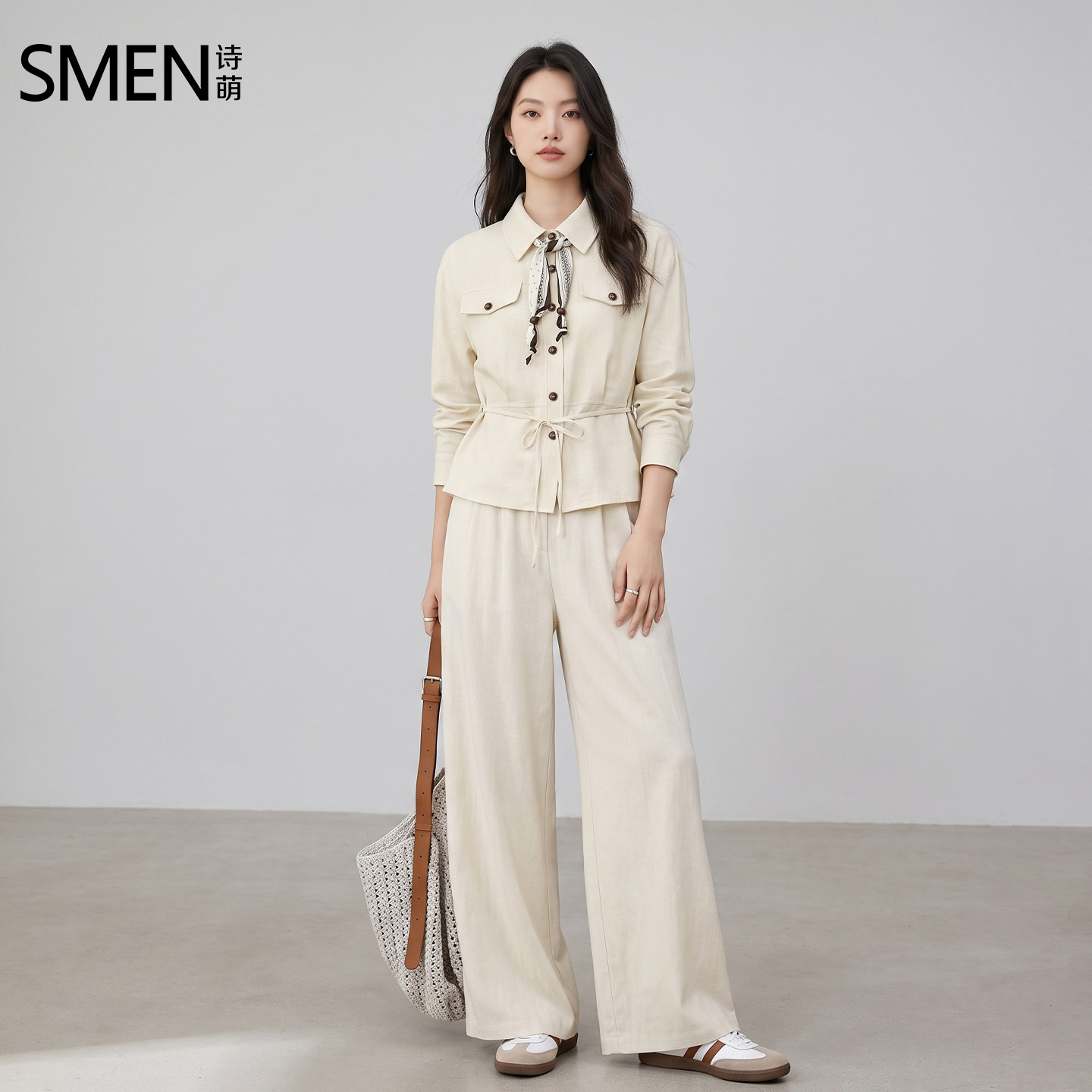 SMEN诗萌早秋杏色衬衫阔腿套装