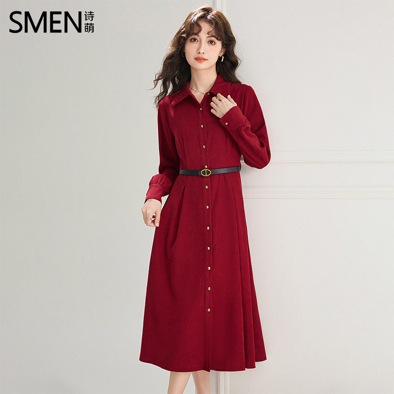SMEN诗萌法式OL红色收腰衬衫裙女