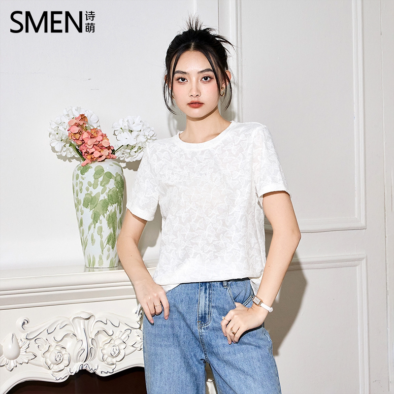 SMEN诗萌蝴蝶提花显瘦短袖T恤女