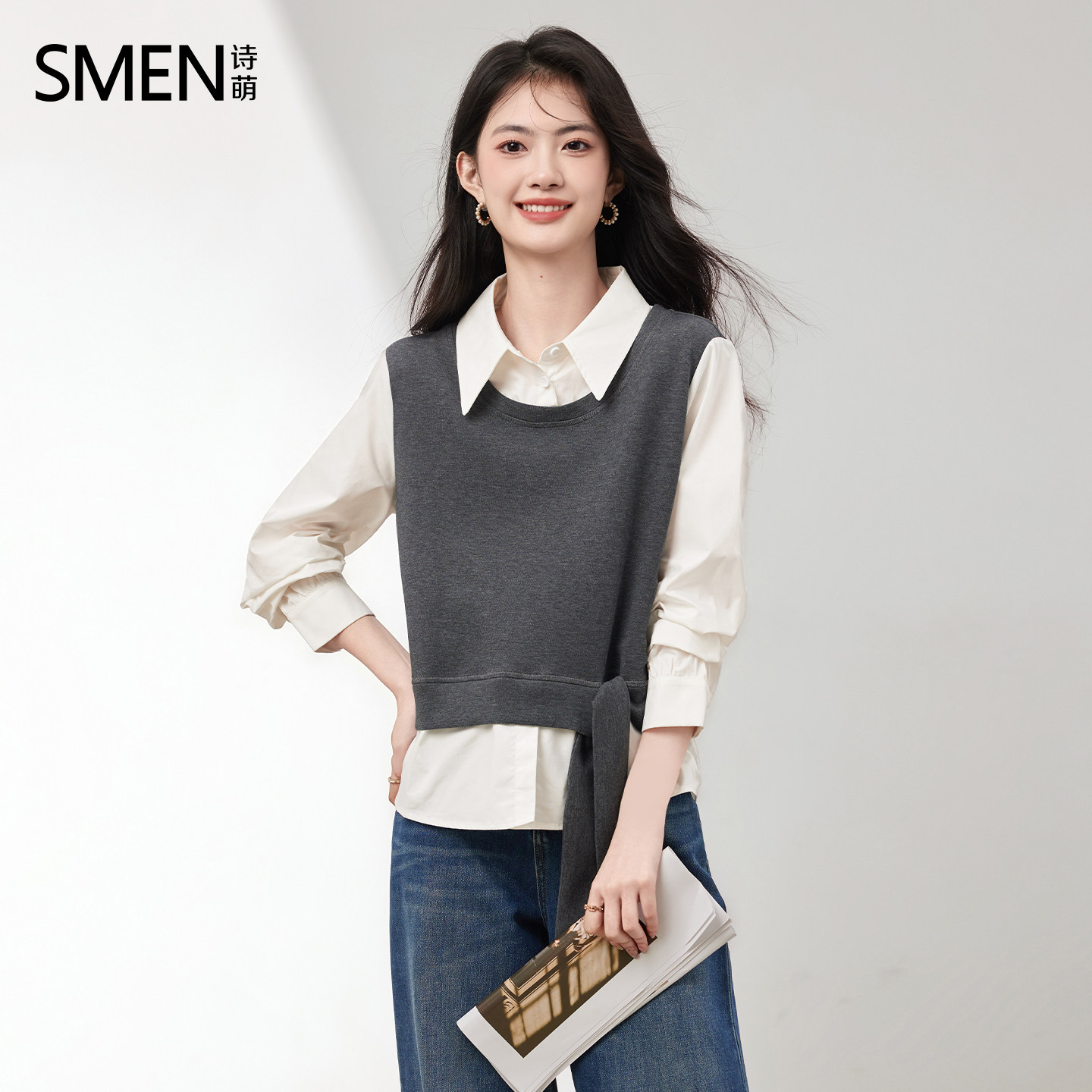 Smen诗萌拼接假两件套T恤衬衫