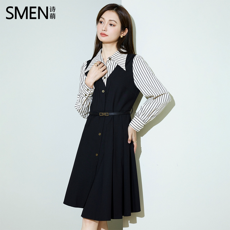 SMEN诗萌赫本风假两件显瘦连衣裙