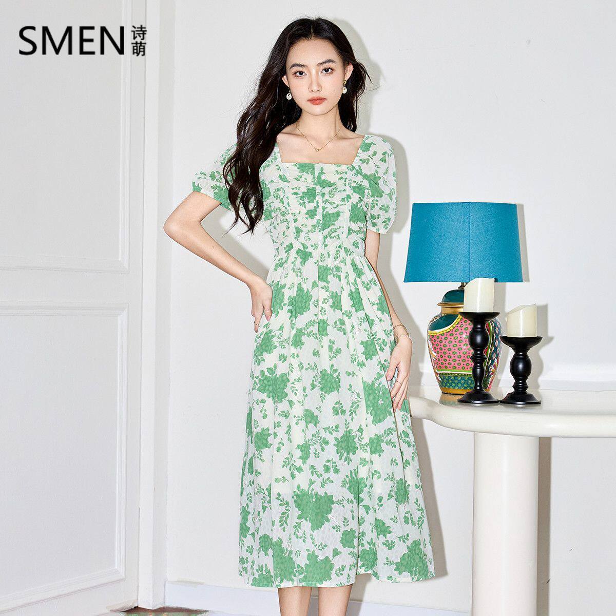 SMEN诗萌夏碎花收腰雪纺连衣裙女