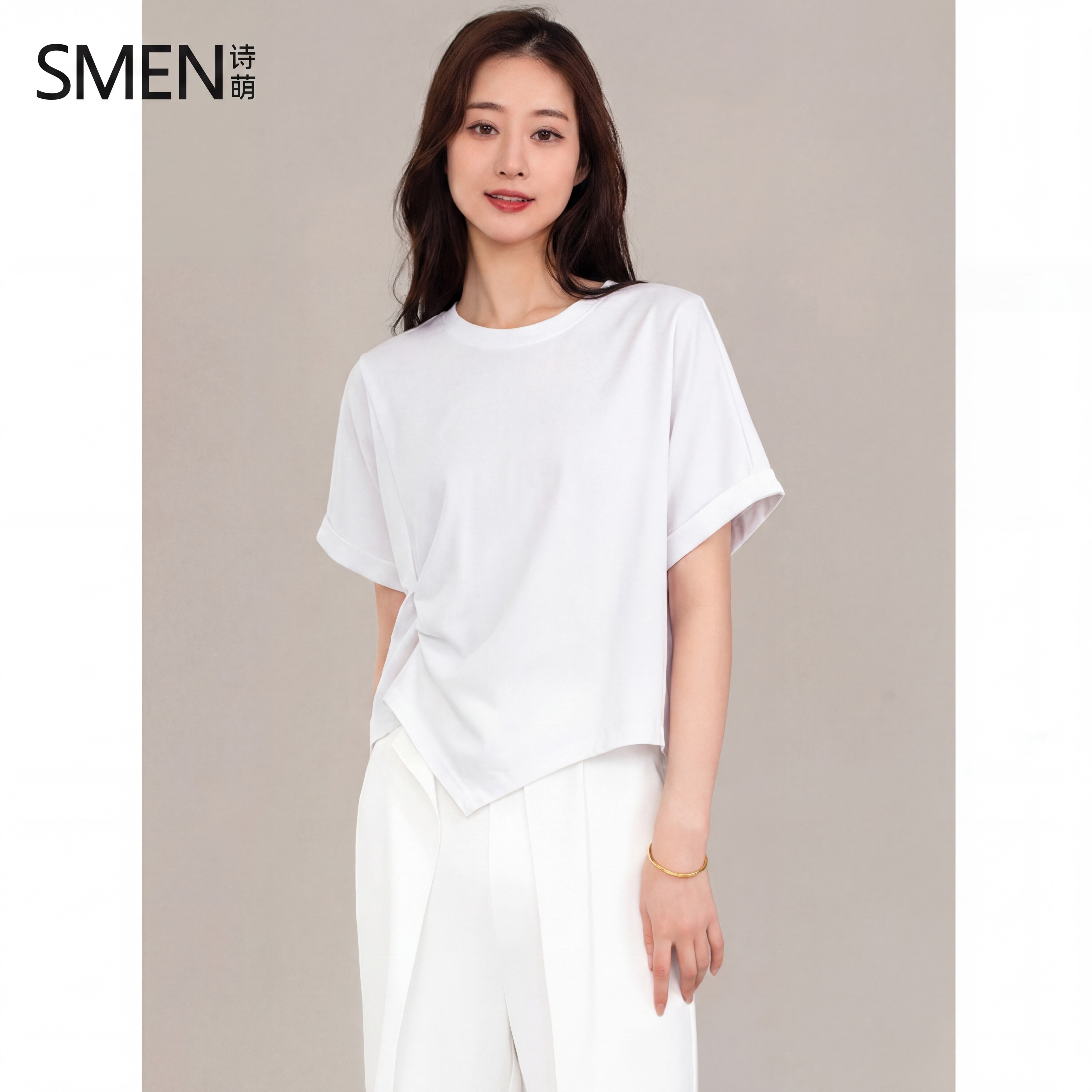 SMEN诗萌减龄洋气不规则圆领短袖T恤女2026夏季纯色休闲小衫上衣
