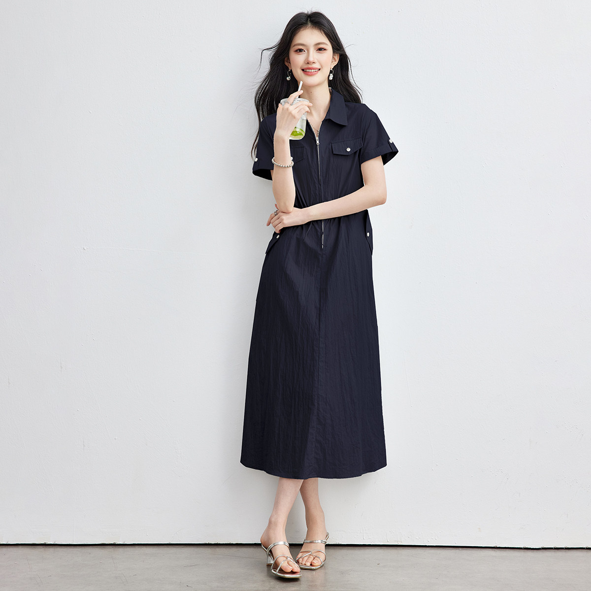 SMEN诗萌夏季亚麻显瘦衬衫连衣裙