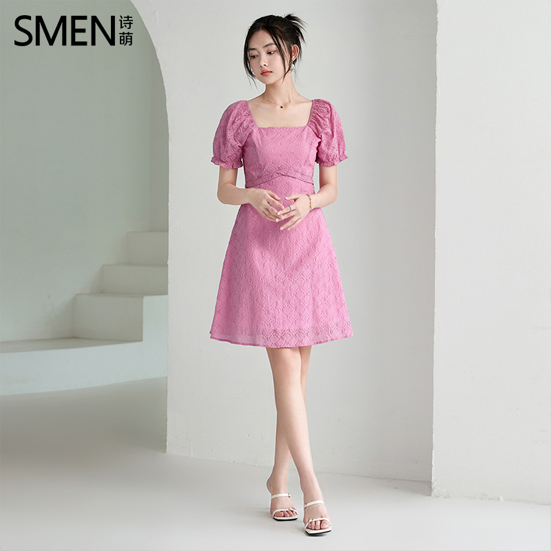 SMEN诗萌夏季泡泡袖显瘦连衣裙女