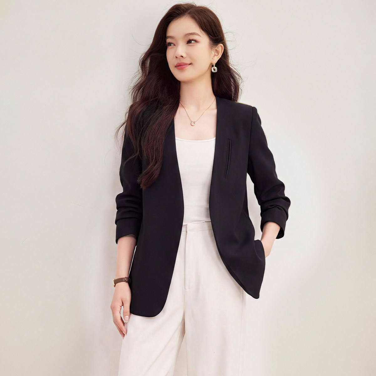 诗萌黑色一粒扣通勤西装外套女