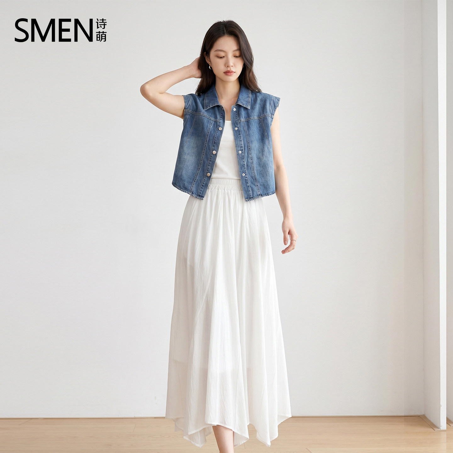 SMEN夏季牛仔风马甲半裙女两件套
