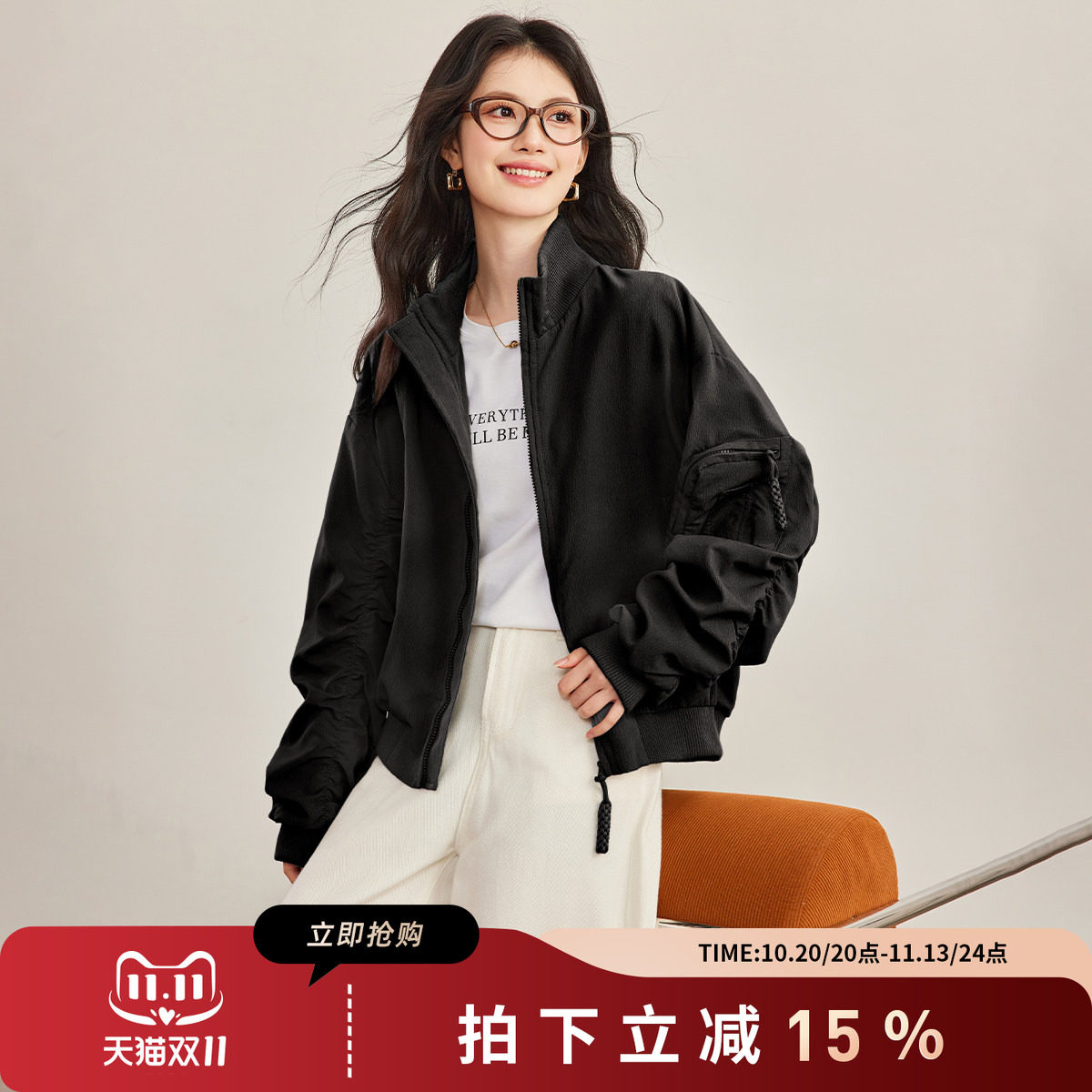 诗萌机车风立领短款夹克女秋冬
