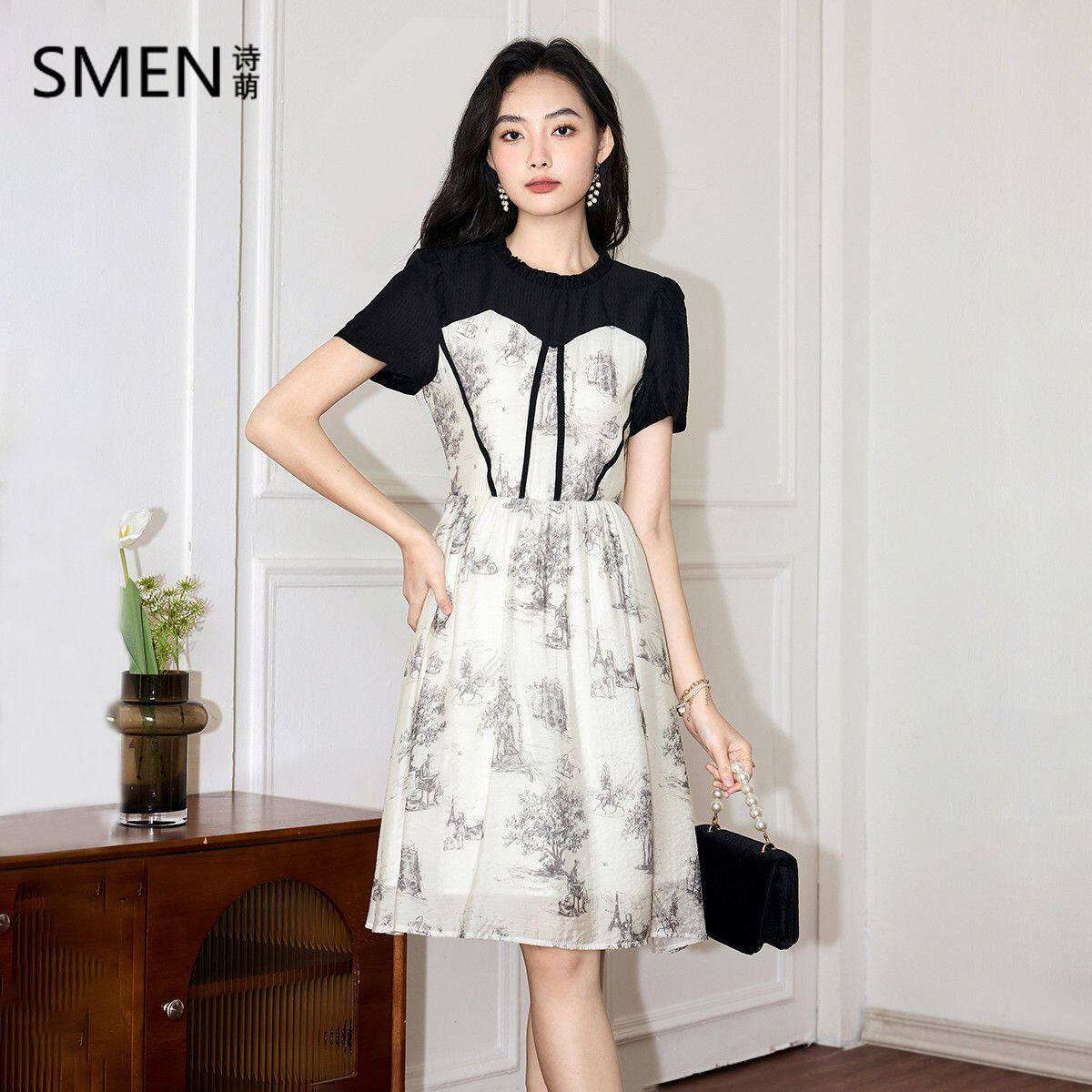 SMEN诗萌夏季法式假两件连衣裙