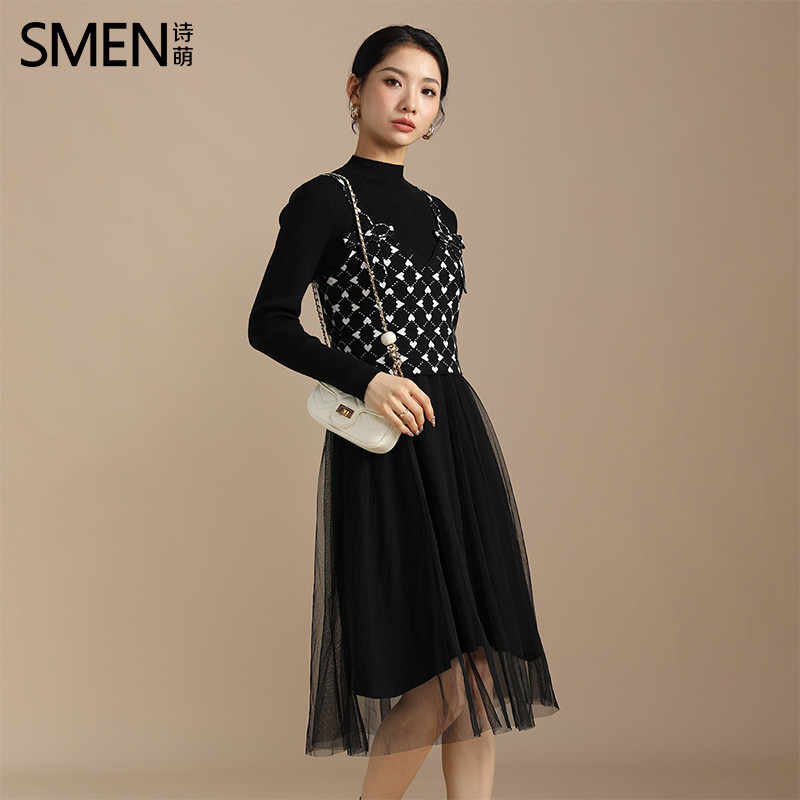 SMEN诗萌秋棋盘格针织网纱连衣裙