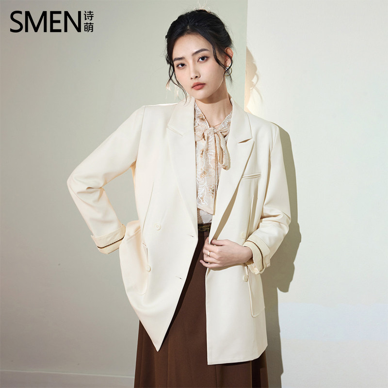 SMEN诗萌米色通勤中长西装外套女
