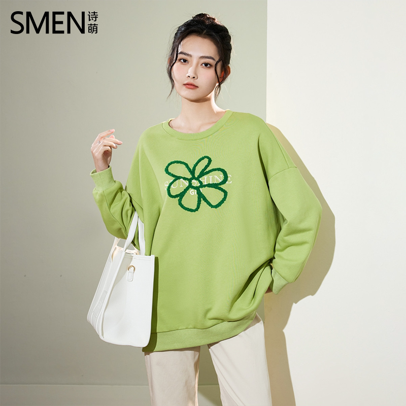 SMEN诗萌复古字母花朵宽松卫衣女