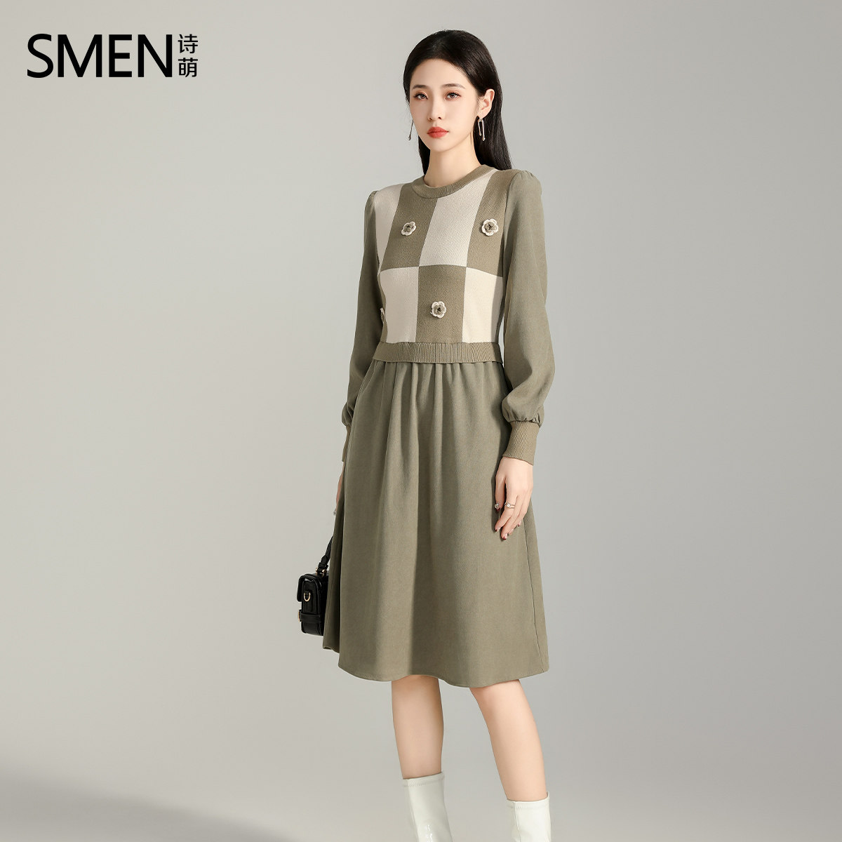 Smen/诗·萌针织拼接连衣裙2025春秋新款格纹小众毛衣裙显瘦长裙
