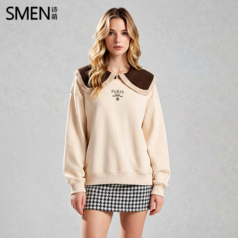 SMEN诗萌学院风娃娃领卫衣女2026春秋杏色海军领撞色时尚洋气上衣 - 诗萌outlet店出品