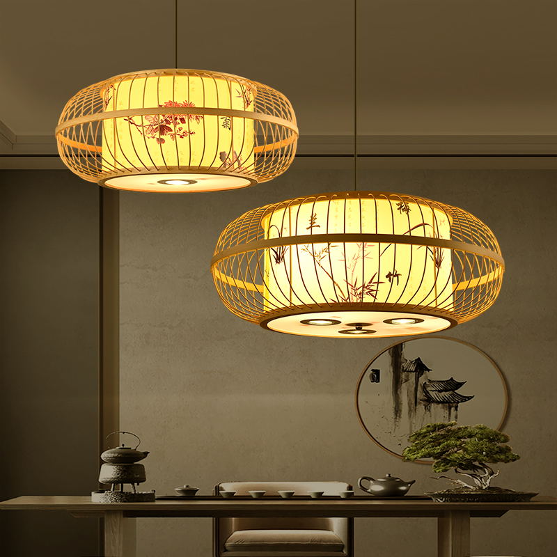中式餐厅饭店包间竹编吊灯创意个性大厅火锅店包厢餐饮竹艺带射灯