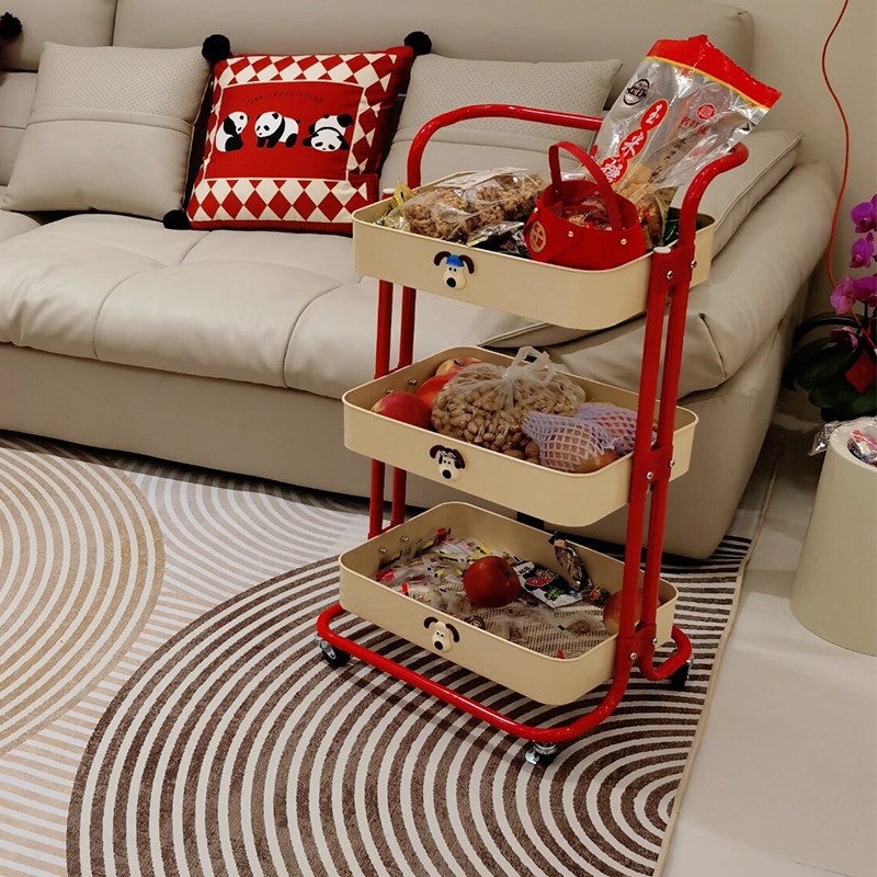 置物收纳手推车多巴胺红色奶油白可爱卡通家用小推车架子可移零食