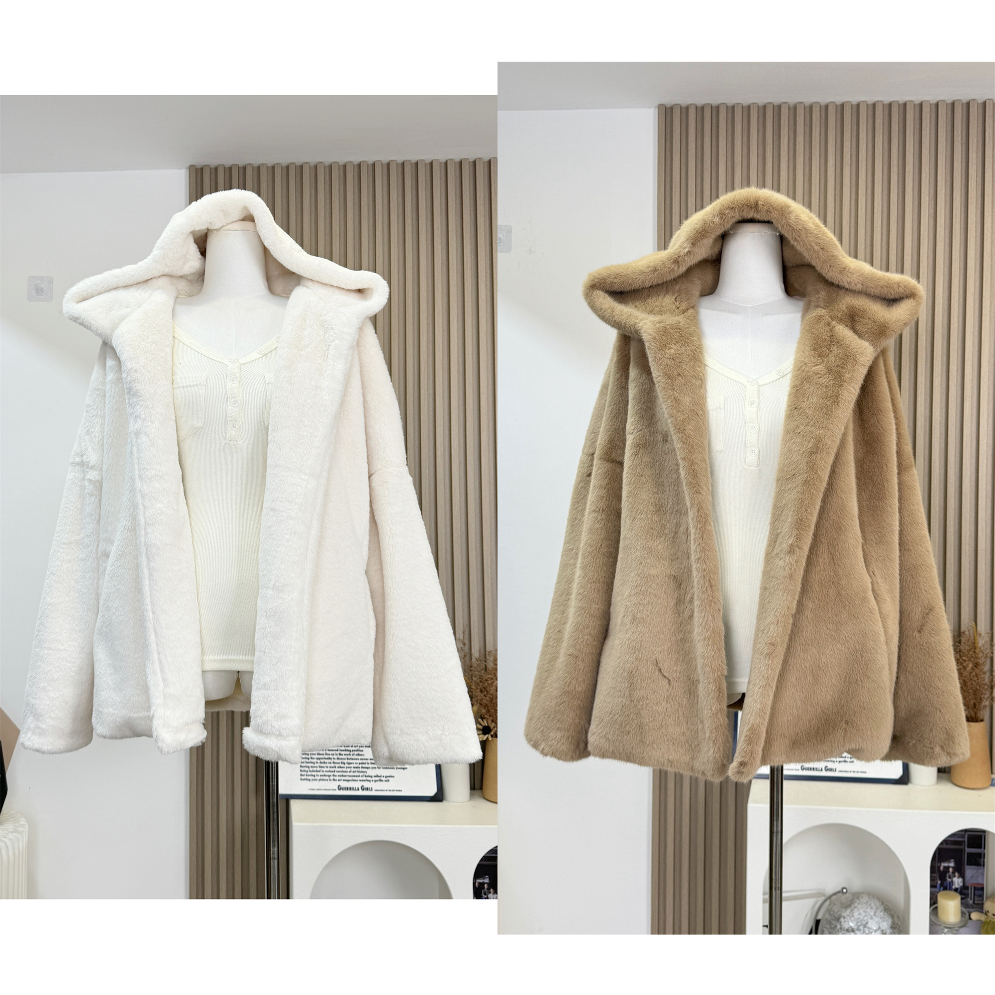 Skk Store 奶油瑞士卷 环保皮草女冬慵懒宽松短款连帽毛绒绒外套