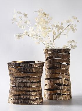 现代简约条状镂空金属色陶瓷花瓶摆件样板间家居酒店客厅卧室饰品