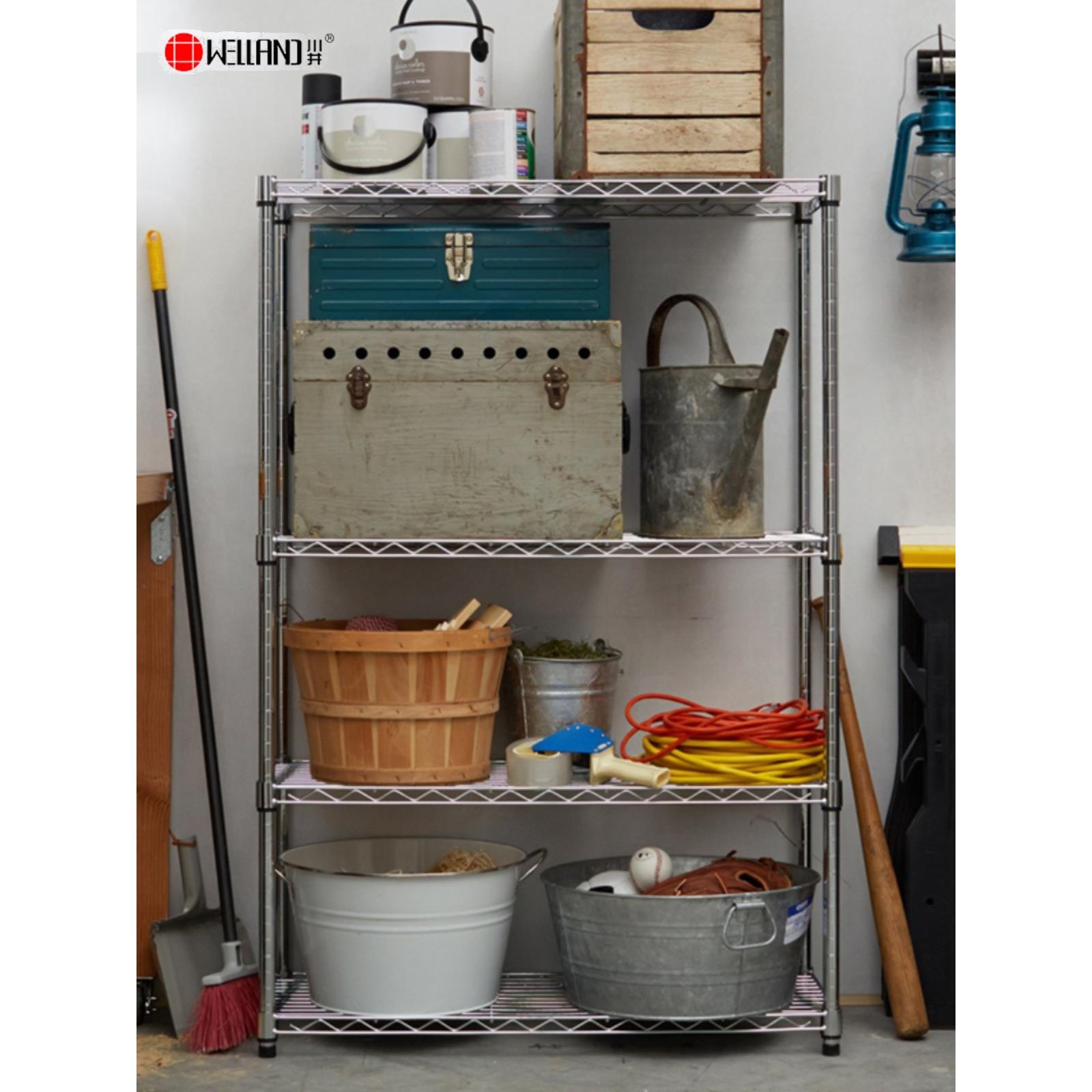 川井四层线网置物架物料货架仓储镀铬网层储物架网格铁架子高1.2m