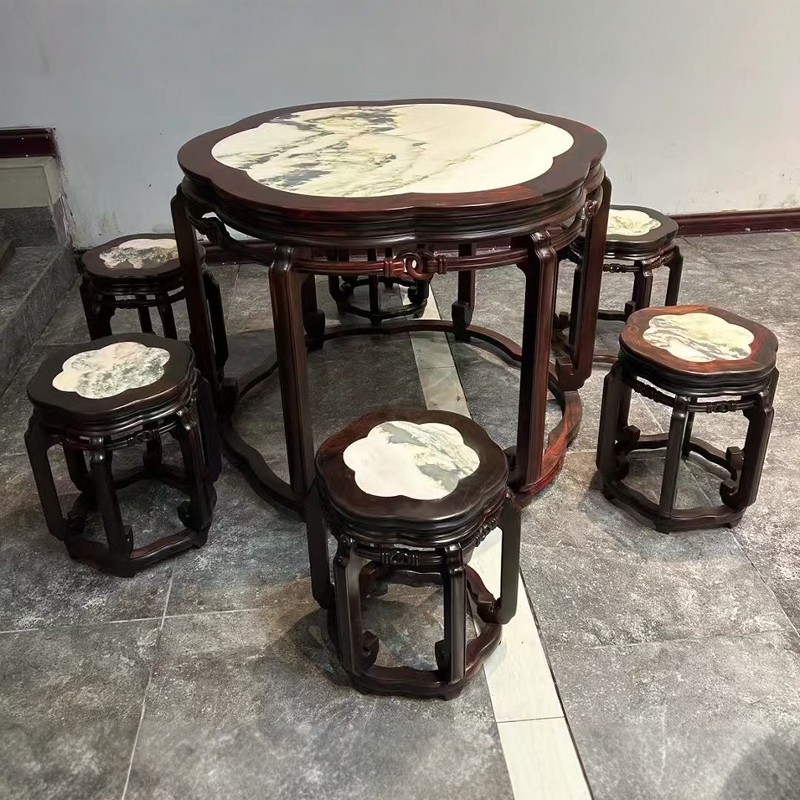 红木饭桌老挝大红酸枝木餐桌休闲桌镶嵌云石高端桌椅经典复古组合