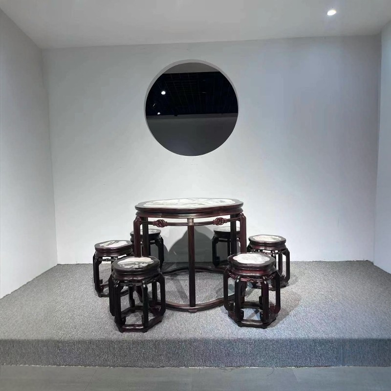 稀世大红酸枝休闲桌七件套红酸枝会议桌麻将桌交趾黄檀镶嵌云石桌