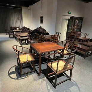 大红酸枝八仙桌五件套交趾黄檀木成人靠背椅红木家居摆件家居必备