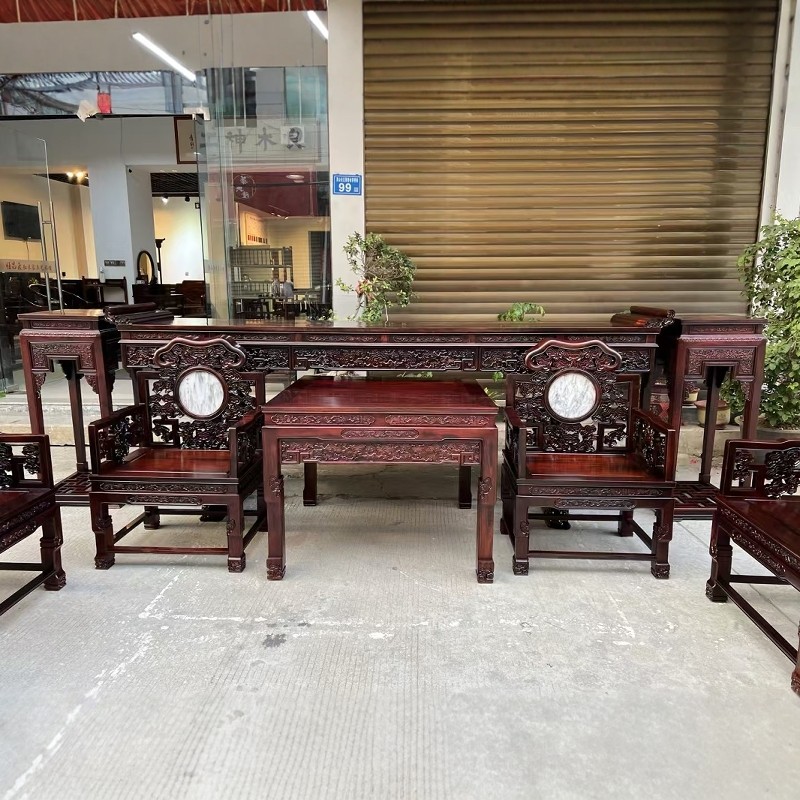 老挝大红酸枝木中堂六件套交趾黄檀条案供桌八仙桌灵芝椅玄关古典