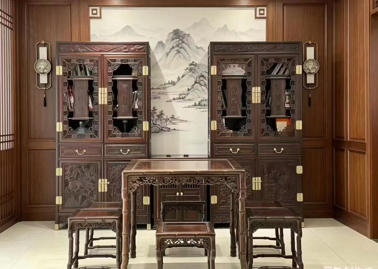 大红酸枝深雕书柜四大名著书架中式实木玻璃门落地展示柜古典书房