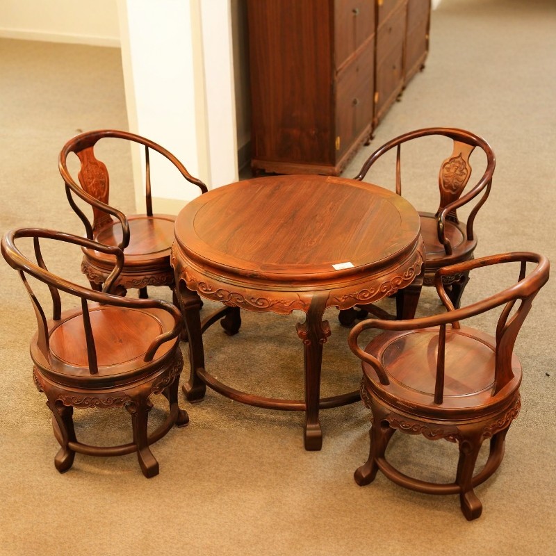 大红酸枝休闲桌椅五件套家用餐椅实木休闲桌八仙桌棋牌桌茶桌组合