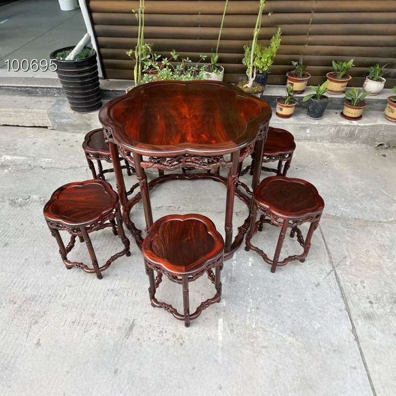 红木家具大红酸枝木休闲桌七件套交趾黄檀供桌小户型榫卯结构餐桌