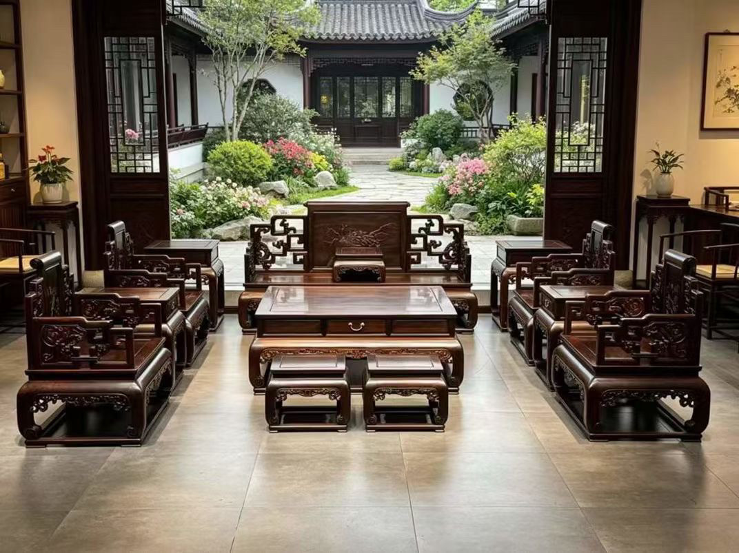 大红酸枝交趾黄檀明式卷书沙发客厅组合家具别墅会客沙发明清古典