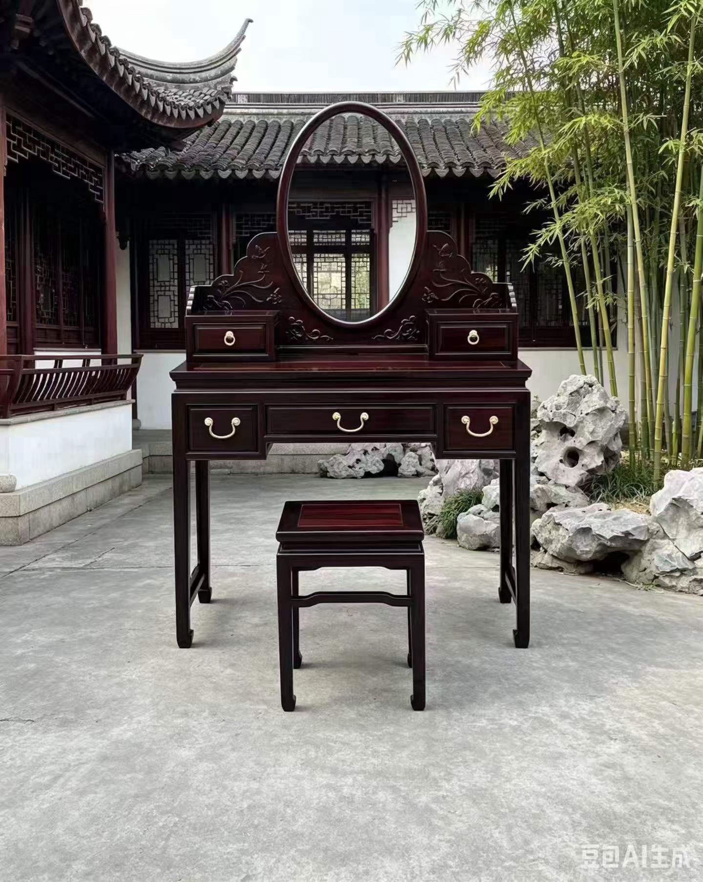 大红酸枝交趾黄檀清式四季花六角椅凳梳妆台中式实木明清古典老料