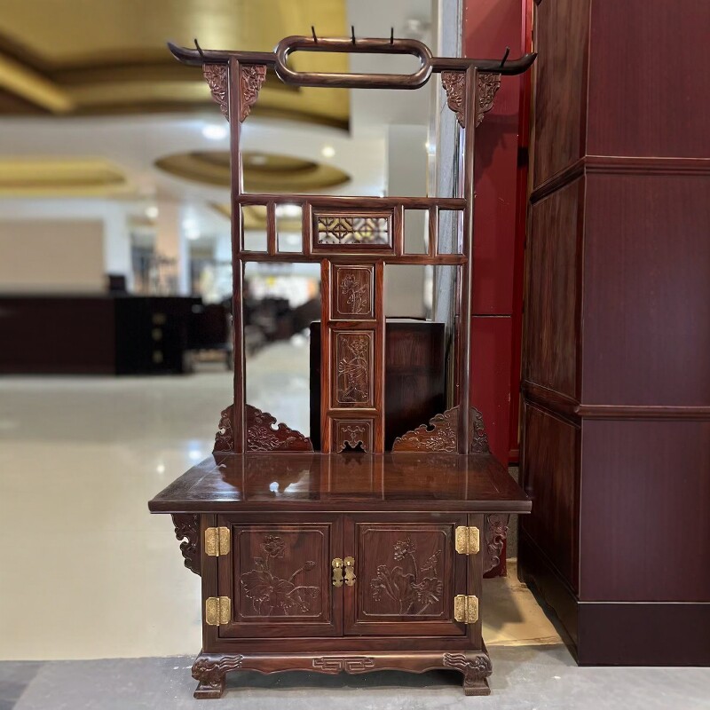 老挝大红酸枝木鞋柜衣帽架红木家用两抽落地卧室中式挂衣架换鞋柜