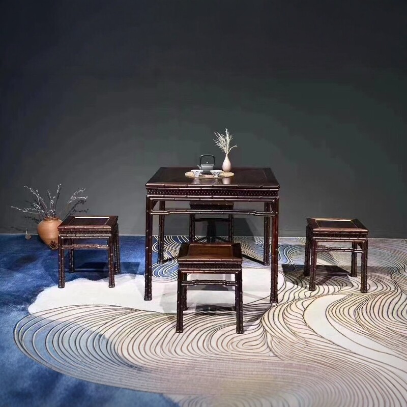 红木家具大红酸枝明式休闲桌五件套交趾黄檀八仙桌凳组合实木餐桌