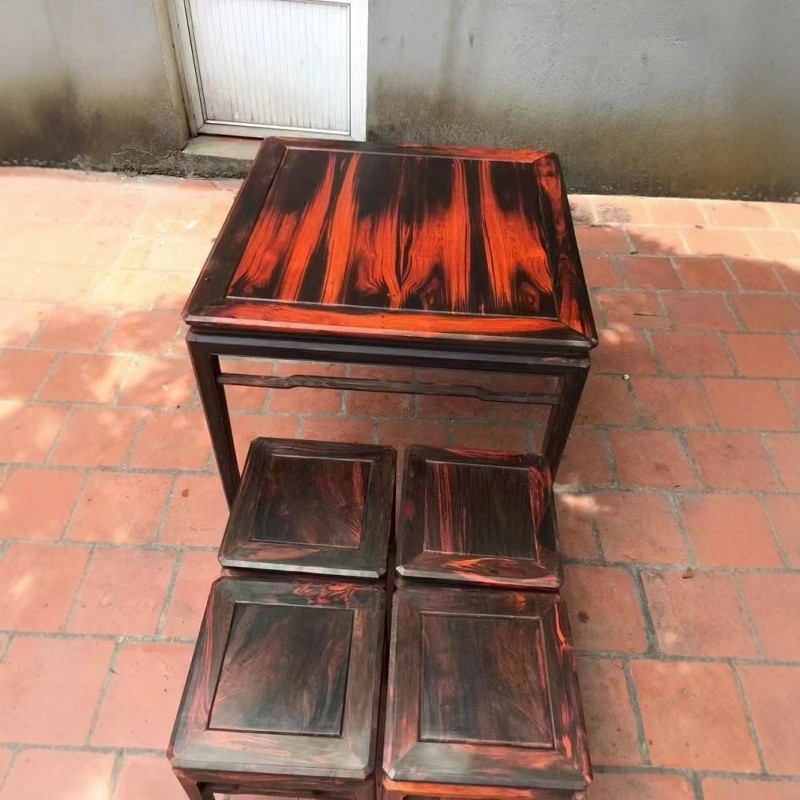 大红酸枝木休闲桌椅五件套家用餐椅实木休闲桌茶桌榫卯八仙桌组合