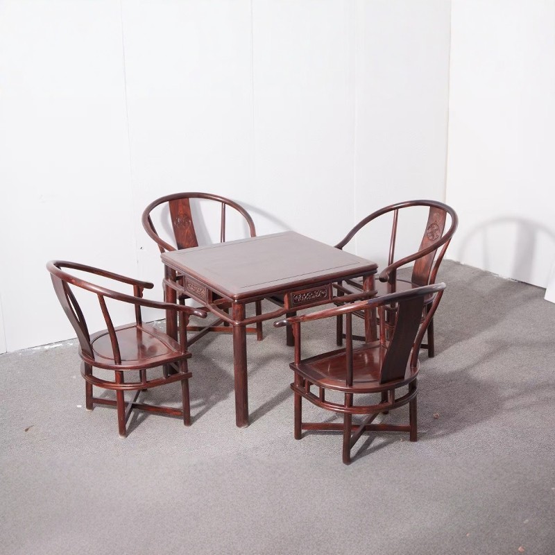 大红酸枝休闲桌圈椅方桌五件套棋牌茶桌红木交趾黄檀榫卯结构家具