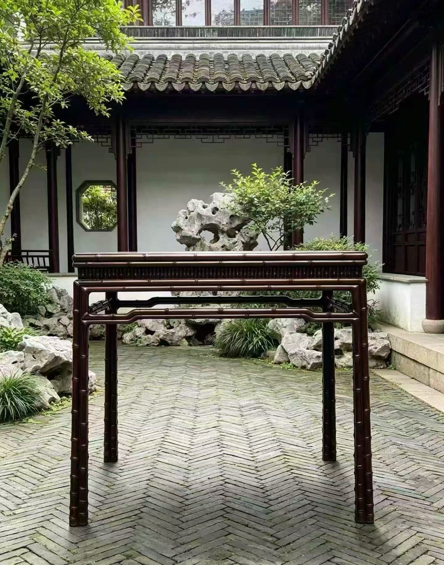大红酸枝交趾黄檀明式竹节休闲桌五件套四方桌八仙桌休闲棋牌桌