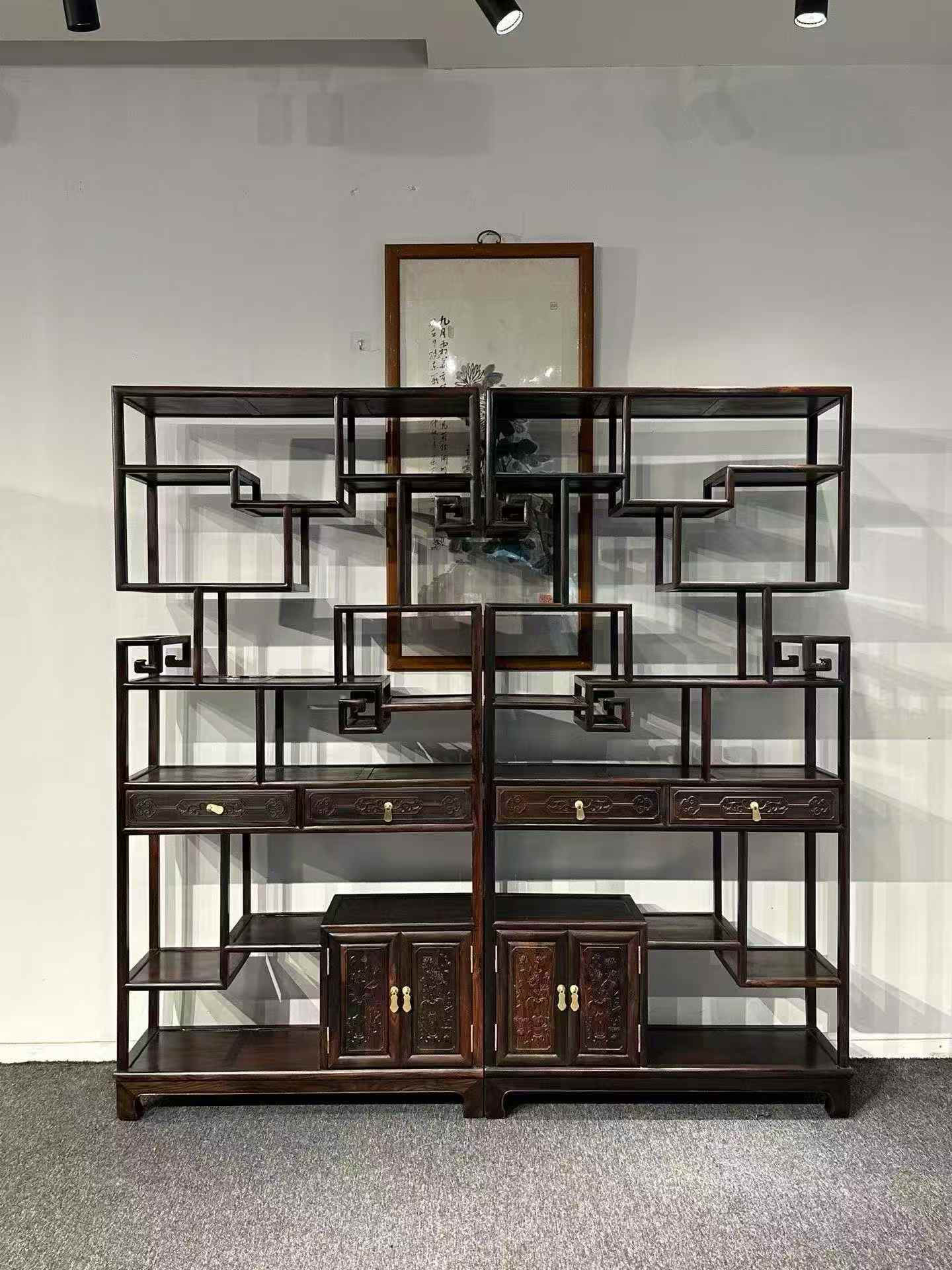老挝大红酸枝博古架实木中式多宝阁家具茶叶架子展示柜客厅隔断
