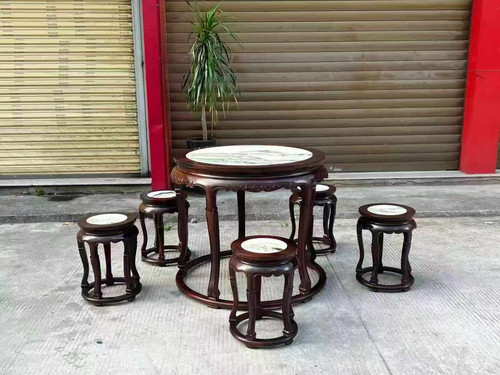 大红酸枝五足三弯腿休闲桌圆桌独板交趾黄檀云石面无补红木家具
