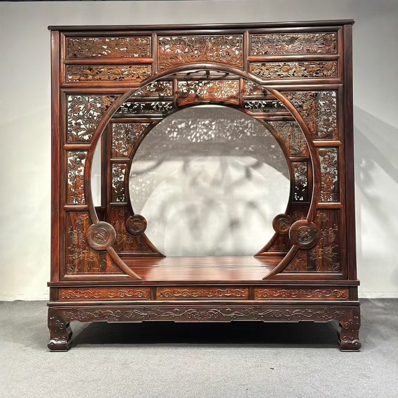 大红酸枝实木梅花架子床月洞床新中式仿古双人婚床千工床红木家具