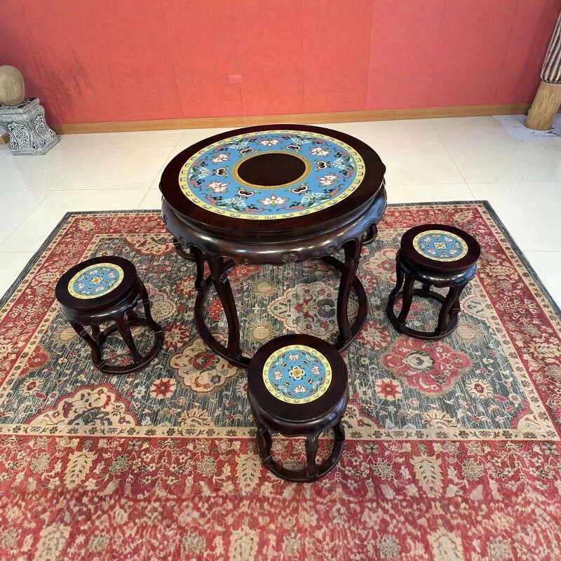 老挝大红酸枝餐桌加厚面板交趾黄檀镶嵌景泰蓝古典餐桌五件套圆桌